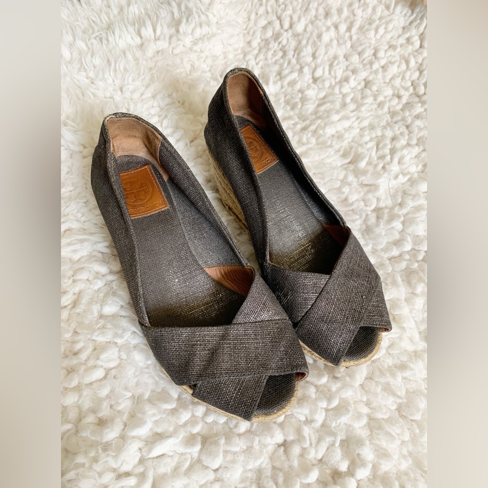 Tory Burch Black Espadrille Peep-Toe Flats